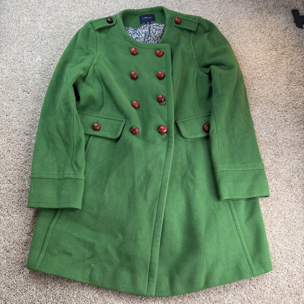 Lands' End Coat Womens Petite 14P Green Wool Pea Double Breasted Lined Pockets